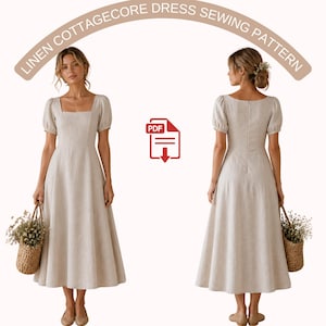 Puede incluir: Un patrón de costura de vestido cottagecore de lino beige. El vestido presenta un escote cuadrado, mangas cortas abullonadas y una falda midi fluida. La imagen muestra el vestido por delante y por detrás, con un icono PDF. El texto dice "LINEN COTTAGECORE DRESS SEWING PATTERN".