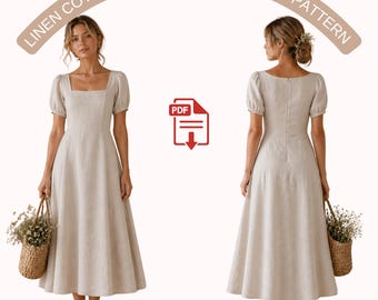 Cottagecore Dress Sewing Pattern, Square Neck Bishop Sleeve Midi Dress Pattern, Romantic Fit and Flare Linen Dress,US 2-30, A4 A0 US Letter