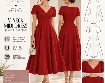 May include: A sewing pattern for a red midi dress with a V-neckline and short sleeves. The image displays the Nova Pattern branding, technical line drawings of the front and back views, and detailed close-ups of the neckline and sleeve design.