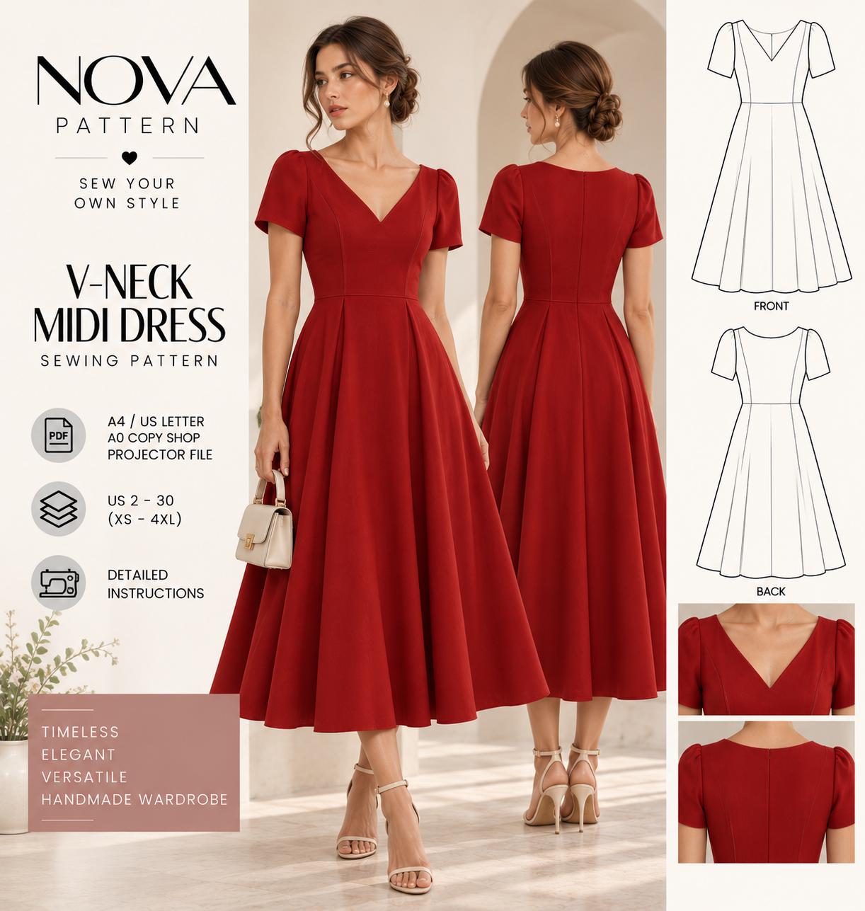 v neck formal dress pattern Sewing | Elegant Fit and Flare Gown | Classic Evening or Cocktail Dress | PDF Sewing Pattern for Women BFCM25US
