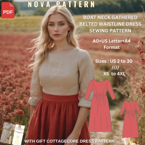 Puede incluir: Una mujer viste un vestido beige con cuello barco y falda color óxido. La imagen incluye texto: "NOVA PATTERN" y "BOAT NECK GATHERED BELTED WAISTLINE DRESS SEWING PATTERN". Tallas de patrón US 2 a 30 y XS a 4XL. Incluye patrón de vestido cottagecore.