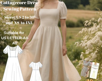 Linen Square neck Fairy Cottagecore Dress Pattern,Midi Circle Dress,Suitable for A0-A4-US Letter // Sizes; US 2 to 30 // XS to 4XL