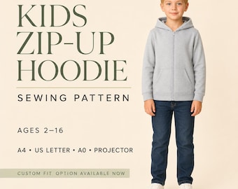 Patrón de costura para sudadera con cremallera infantil, sudadera para niños y niñas en formato PDF, patrón para sudadera con cremallera infantil en tamaños A0, A4 y Carta (EE. UU.), edades de 2 a 16 años.