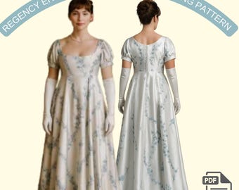 Regency Era Empire Waist Gown Sewing Pattern, Bridgerton Inspired Dress Pattern, Puff Sleeve Historical Dress PDF, US 2-30 A4 A0 US Letter