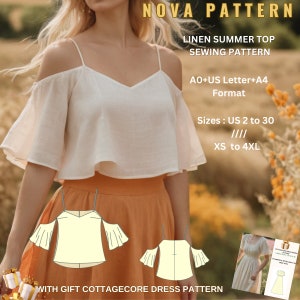 Patrón de blusa de lino con tirantes en V y estilo cottagecore, adecuada para tallas A0-A4-US Carta // Tallas: US 2 a 30 y XS a 4XL