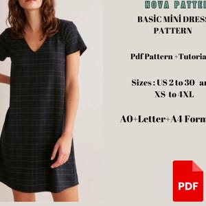 Patrón de costura para vestido de camiseta con cuello en V Patrón de vestido camisero, A0-A4-Formato Carta de EE. UU.-Talla de mujer; EE. UU. 2 a 30 (XS a 4XL)