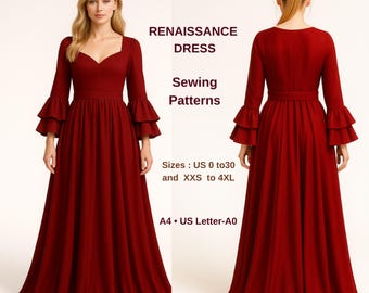 Patrón de vestido y corsé para cosplay medieval renacentista, hada, estilo regencia, vestido élfico, vestido largo, disfraz de Halloween, tamaños A0, A4, carta estadounidense (2 a 30 pulgadas).