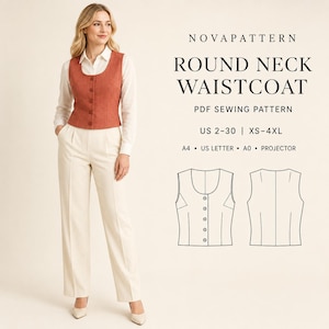 May include: A PDF sewing pattern for a round neck waistcoat by NOVAPATTERN. The image displays a rust-colored button-front waistcoat worn over a white long-sleeve shirt and cream trousers, with technical line drawings showing front and back views.