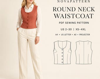 May include: A PDF sewing pattern for a round neck waistcoat by NOVAPATTERN. The image displays a rust-colored button-front waistcoat worn over a white long-sleeve shirt and cream trousers, with technical line drawings showing front and back views.