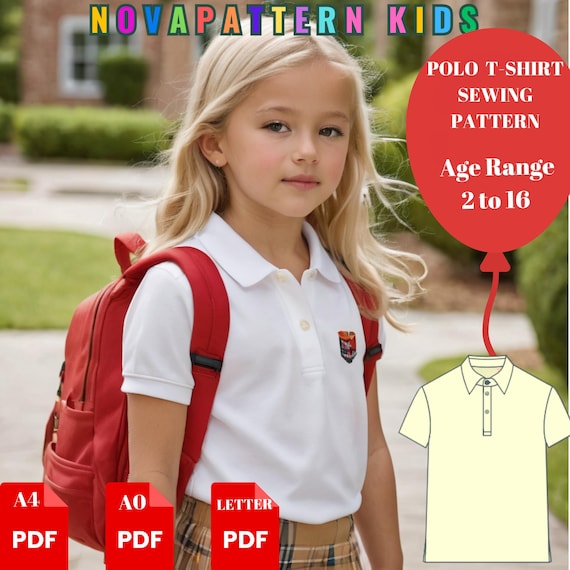 Kids Polo T-Shirt Sewing Pattern | Boys and Girls School Uniform Top | Short Sleeve Knit Polo | Unisex PDF Sewing Pattern