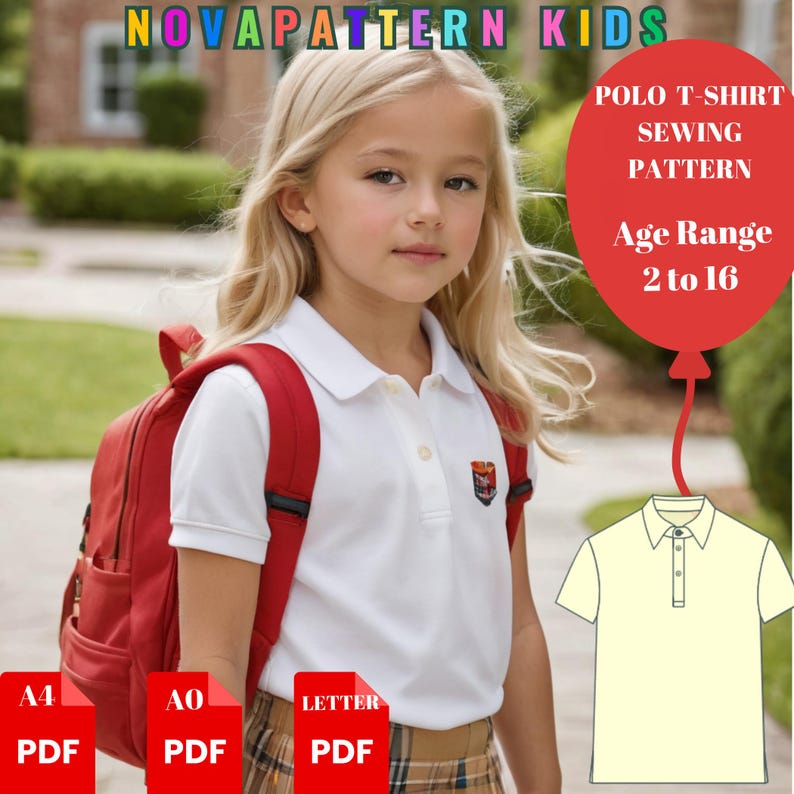 Kids Polo T-Shirt Sewing Pattern | Boys and Girls School Uniform Top | Short Sleeve Knit Polo | Unisex PDF Sewing Pattern image 1