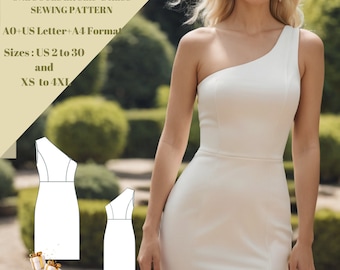 One Shoulder Slip Slit dress pattern|prom dress pattern|wedding dress pattern|cocktail dress|A0- A4- US Letter,US 2 to 30 (XS to 4XL)