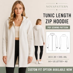 Molde para costura de moletom com capuz e zíper estilo túnica, PDF para moletom longo com capuz, jaqueta casual com zíper, molde para moletom feminino nos tamanhos A0, A4 e Carta (EUA), tamanhos do XS ao 4XL
