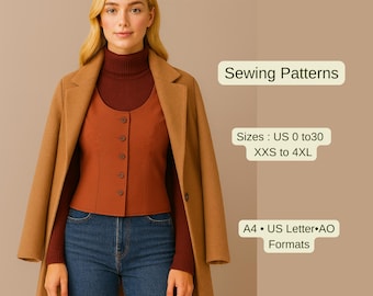 Women’s Fall Vest Sewing Pattern | Button Front Waistcoat PDF | Layered A4 A0 File | Fitted Bodice Top for Casual or Workwear Outfits