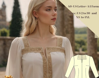 Patrón de costura para blusa renacentista: vestido de hada, élfico y regencia (tamaño A0, A4, carta estadounidense)