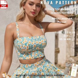 Patrón de conjunto de verano Cottagecore, top corto con tirantes, tallas A0-A4-Carta; EE. UU. 2 a 30 (Nuestra colección incluye opciones de tallas grandes)