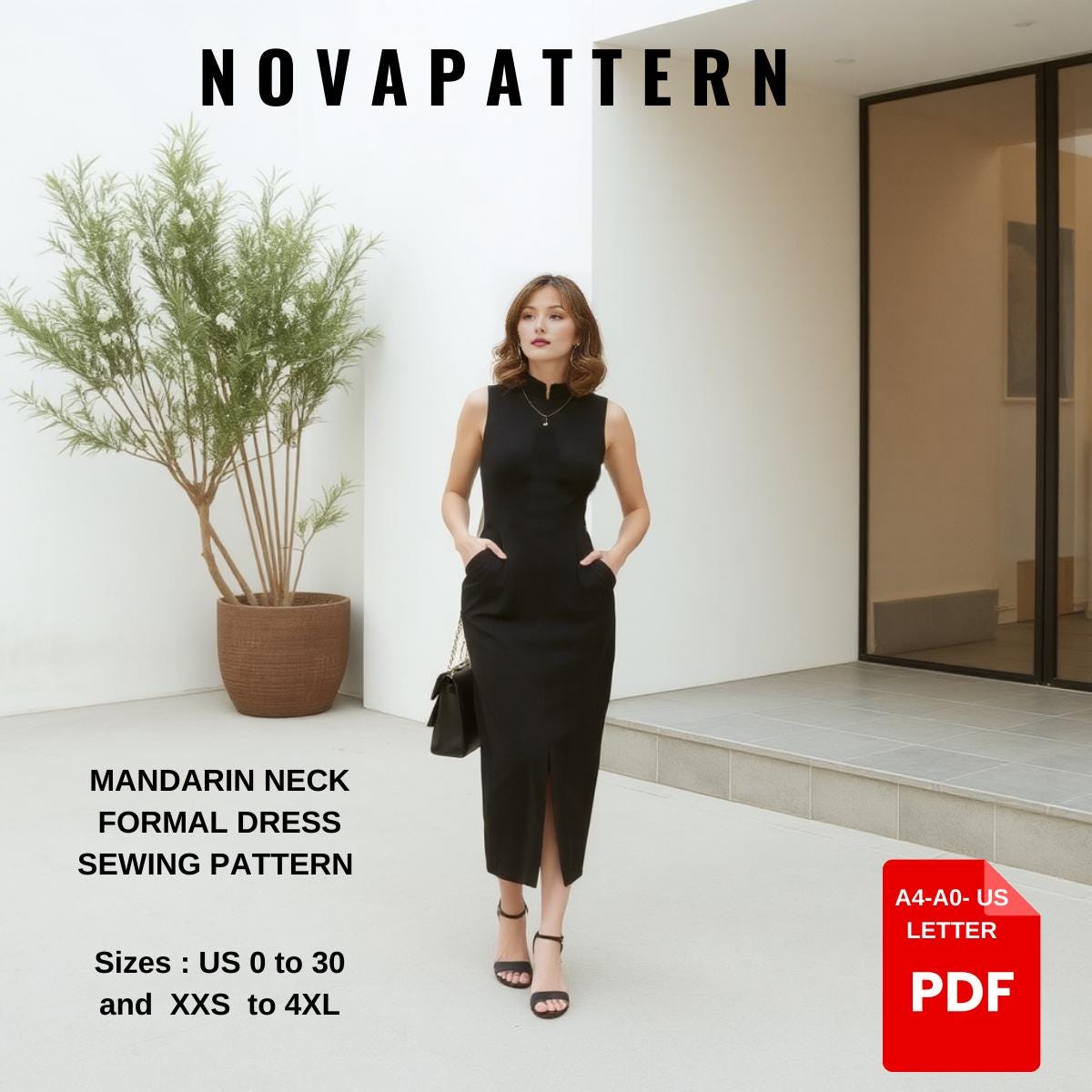mandarin collar dress black Black Short Sleeve Mandarin Collar Printed Knee Length Dress For Casua