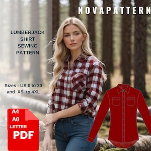 Lumberjack Shirt Sewing Pattern, Women’s Plaid Button Up Flannel Shirt PDF Pattern, Classic Casual Top, XS–4XL, A4 A0 US Letter Sizes