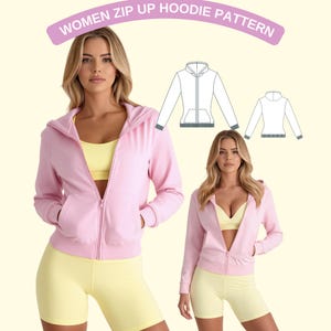 Könnte beinhalten: Ein hellrosa Kapuzenpullover mit Reißverschluss, Kapuze und Taschen, kombiniert mit gelben Shorts und einem gelben Sport-BH. Das Bild enthält eine Schnittmusterzeichnung und den Text "WOMEN ZIP UP HOODIE PATTERN".
