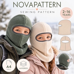 May include: NOVAPATTERN SEWING PATTERN 2-16 YEARS A4 ONLY LAYERED. A dark olive green fleece balaclava and a cream fleece balaclava with grey trim. Includes technical line drawings of the balaclava shape and a circular inset showing the side view.