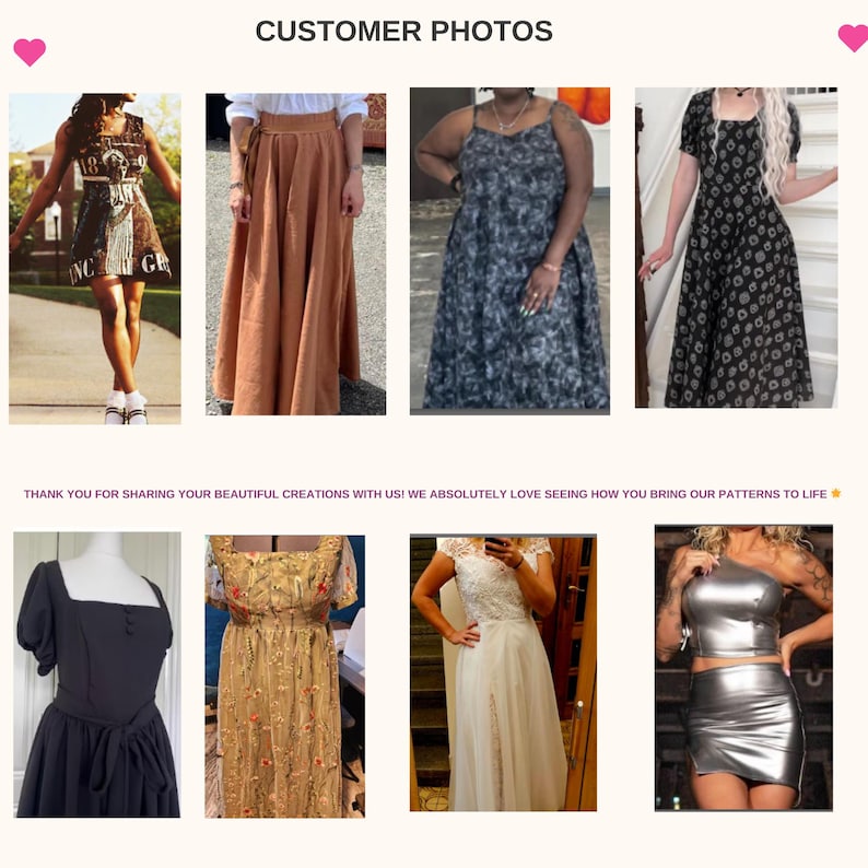 Pu&ograve; includere: Un collage di foto dei clienti che mostra vari capi di abbigliamento fatti a mano. Le immagini includono abiti, gonne e un completo a due pezzi. I capi presentano diversi modelli e stili, evidenziando la versatilit&agrave; dei design.