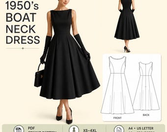 1950's Celebrity Sabrina Dress Pattern, Laides Size;US 2 to 30 (XS to 4XL)//Suitable for A0- A4- US Letter Format