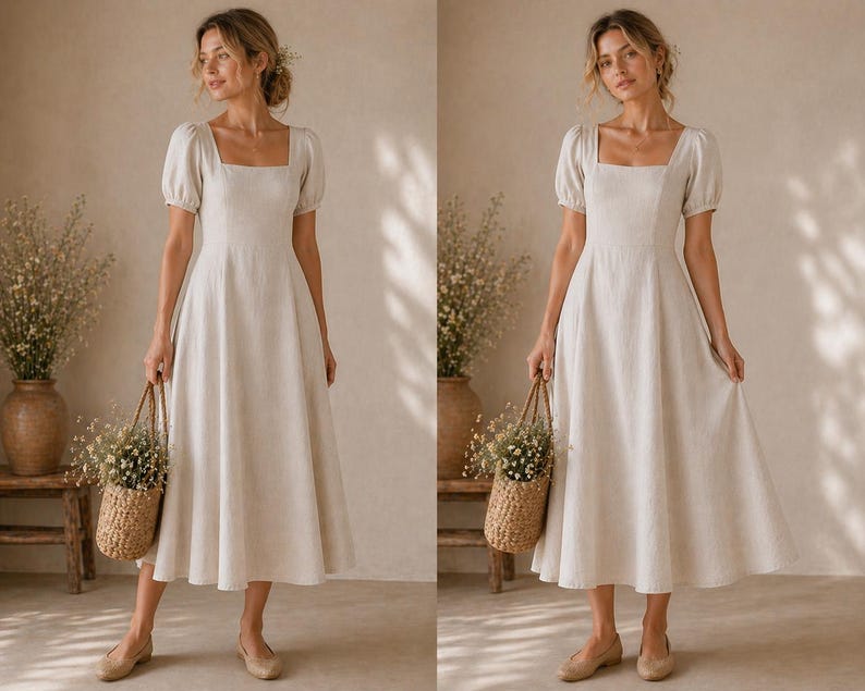 May include: A beige midi dress featuring a square neckline, short puff sleeves, and a fitted bodice that transitions into a flared skirt. The dress is made of a textured fabric and is paired with a woven straw basket filled with small white flowers.