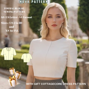 Puede incluir: Un patrón de costura para una blusa formal de manga corta. El patrón está disponible en las tallas US 2 a 30 y XS a 4XL. El patrón está en formato AO, US Letter y A4. La imagen también incluye un patrón de vestido cottagecore de regalo.