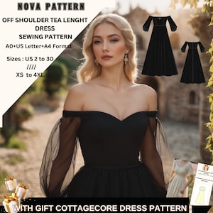 Bishop Sleeve Tea Length Dress Sewing Pattern: US 2-30, XS-4XL (PDF)