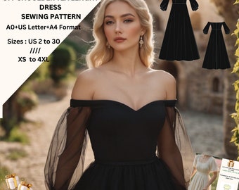 Patrón de costura para vestido de media pierna con mangas de obispo: tallas 2-30 (EE. UU.), XS-4XL (PDF)