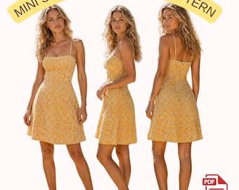 Patrón de costura de minivestido de tirantes, patrón de vestido de corte A con corpiño ajustado, vestido de verano de lino (PDF), tallas 2-30 (EE. UU.), A4, A0, tamaño carta (EE. UU.)