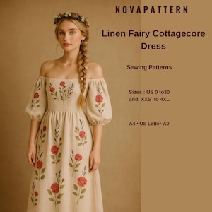 Linen Cottagecore Dress Sewing Pattern: Off-Shoulder Bishop Sleeve (PDF Pattern, US 2-30/XS-4XL)