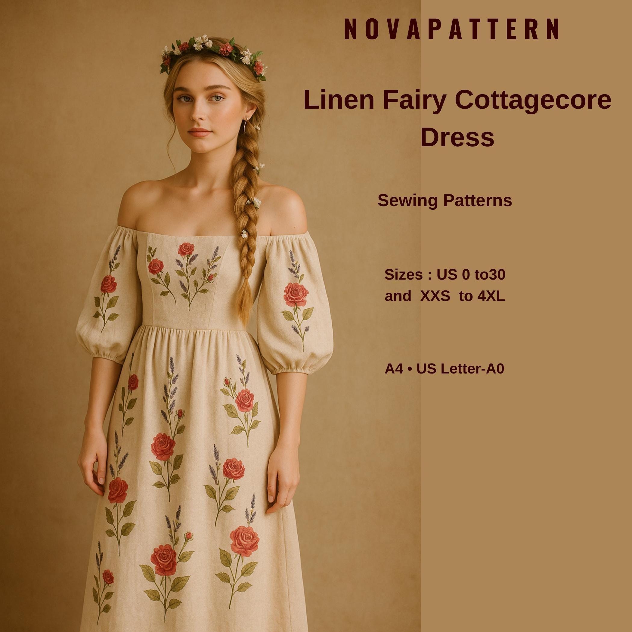 Linen Fairy Cottagecore Dress Pattern,Off Shoulder  Dress,Suitable for A0-A4-US Letter // Sizes; US 2 to 30 // XS to 4XL