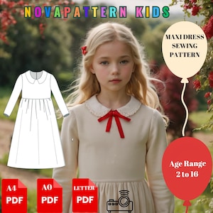 Patrón de costura para vestido de otoño con cuello Peter Pan, vestido de niña de manga larga, apto para carta A4-A0-EE. UU., DXF, rango de edad de 2 a 16 años