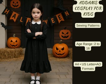 Hallowen Kids Costume Sewing Pattern, Halloween Cosplay Dress PDF Pattern, Peter Pan Collar Gothic Outfit, Ages 2–16, A4 A0 US Letter