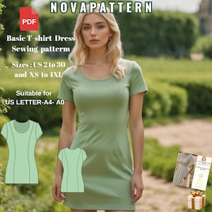 May include: A sewing pattern for a basic t-shirt dress. The pattern is available in sizes US 2 to 30 and XS to 4XL. The pattern is suitable for printing on US Letter, A4, or A0 paper.