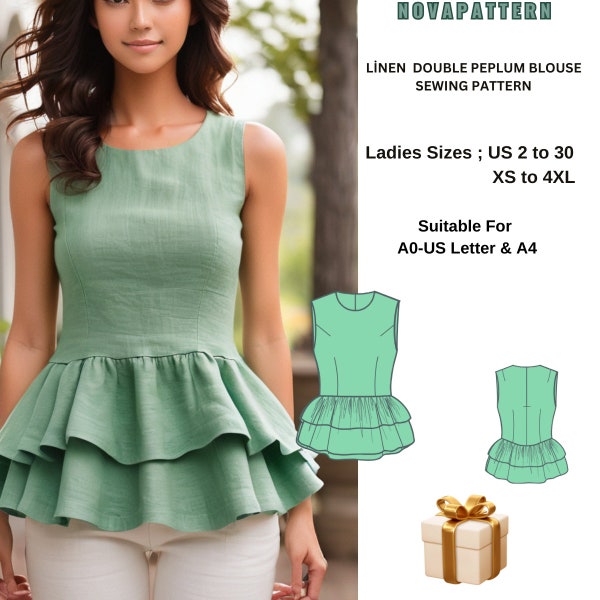 Linen Peplum Blouse Pattern |Double peplum summer blouse//Oversize Blouse //Suitable for A0- A4 -US Letter// Ladies SizesUS 2 to 30