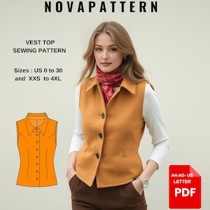 Patrón de costura de chaleco con cuello, abotonado, chaleco A0-A4, tallas de carta de EE. UU.; EE. UU. 2 a 30 (nuestra colección incluye opciones de tallas grandes)
