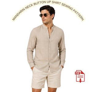 Patrón de costura en PDF para camisa de hombre con cuello mandarín, patrón de camisa de lino con botones, patrón de camisa de verano para hombre, tamaños A4, A0 y Carta (EE. UU.), camisa minimalista moderna.