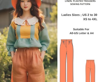 Op de afbeelding: Een naaipatroon voor een geplooide broek van linnen. Het patroon is geschikt voor maten 34 tot 52, XS tot 4XL. Het patroon is ontworpen om te worden afgedrukt op A0, A4 of US Letter papier.