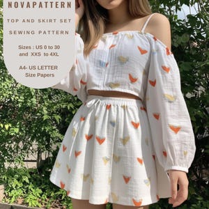 Patrón de conjunto de verano Cottagecore, falda y blusa de lino, tamaños A0-A4-Carta; EE. UU. 2 a 30