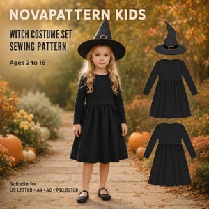 Peut inclure: Un patron de couture pour un costume de sorcière intitulé NOVAPATTERN KIDS, comprenant une robe noire à manches longues et un chapeau pointu avec une boucle. Le patron est destiné aux âges 2 à 16 ans, compatible US Letter, A4, A0 et projecteur.