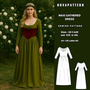 Maxi Gathered Dress Sewing Pattern | Renaissance Inspired Long Dress PDF | Cottagecore Medieval Style | A4 A0 US Letter