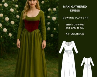 Maxi Gathered Dress Sewing Pattern | Renaissance Inspired Long Dress PDF | Cottagecore Medieval Style | A4 A0 US Letter