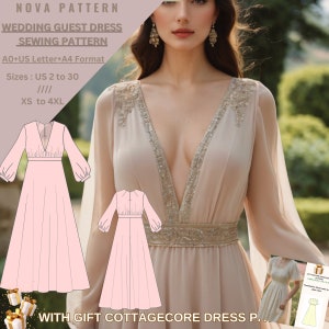 Puede incluir: Un patrón de costura digital para un vestido de invitada de boda con escote pronunciado y mangas largas. El patrón está disponible en las tallas españolas 34 a 52 y XS a 4XL. El patrón está disponible en los formatos A0, A4 y Letter. El patrón incluye un patrón de vestido cottagecore como bonus.