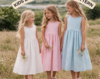 Patrón de costura para vestido de lino para niños / Vestido de verano sin mangas / Vestido para niñas pequeñas y niñas / Vestido clásico con falda fruncida / Patrón de costura en PDF