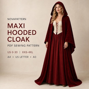 Könnte beinhalten: Ein dunkelroter, bodenlanger Umhang mit Kapuze über einem cremefarbenen Oberteil mit Schnürung vorne. Der Text auf dem Bild lautet NOVAPATTERN MAXI HOODED CLOAK PDF SEWING PATTERN US 0-30 | XXS-4XL A4 • US LETTER • A0 für ein digitales Schnittmuster.
