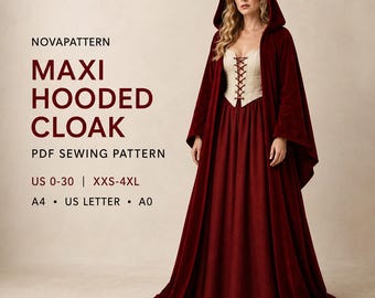 Maxi Hooded Cloak Sewing Pattern | Renaissance Medieval Cape with Hood | Cosplay or Costume Cloak | PDF Pattern A4 A0 US Letter