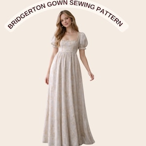 Vestido Bridgerton de escote cuadrado, vestido de hada estilo regencia, vestido de gala con cintura imperio. Patrón adecuado para tallas A0 a A4 (carta estadounidense). Tallas de mujer: talla 2 a 30 de EE. UU.