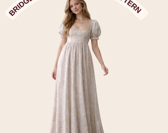 Vestido Bridgerton de escote cuadrado, vestido de hada estilo regencia, vestido de gala con cintura imperio. Patrón adecuado para tallas A0 a A4 (carta estadounidense). Tallas de mujer: talla 2 a 30 de EE. UU.